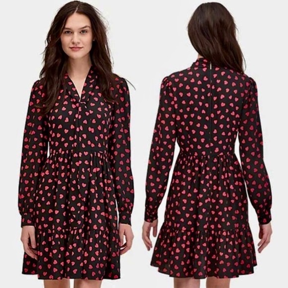 KATE SPADE New York Heartbeat Tie Neck Shirtdress Black Pink Hearts Heart 10 - Picture 5 of 14